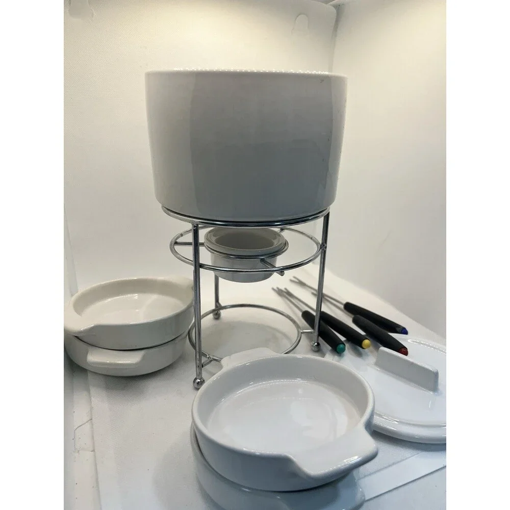 Pier 1 Fondue Set White Stoneware Stacks for Storage 4 Bowls 8 Fork